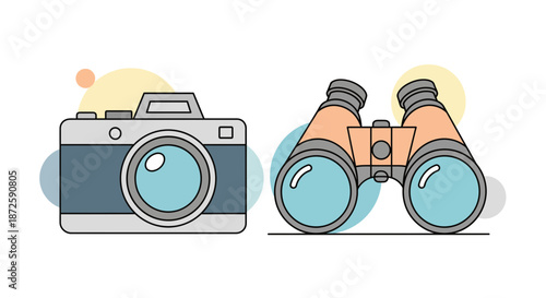 Camera and binoculars illustration showcasing travel and exploration equipment.