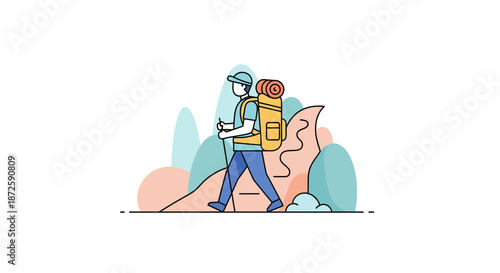 Adventurous hiker with backpack exploring the wilderness on a sunny day.