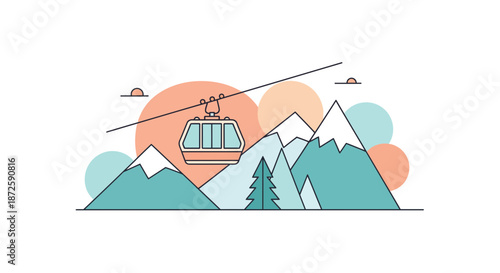 Cable car ascends over snowcapped mountains offering scenic views and adventure.