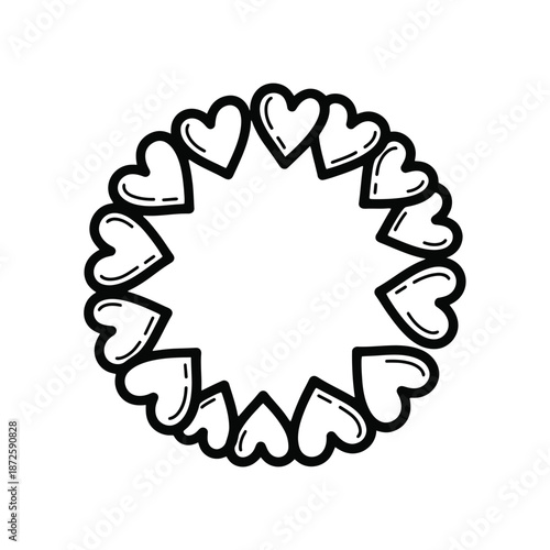Circle of Hearts Illustration Black and White.