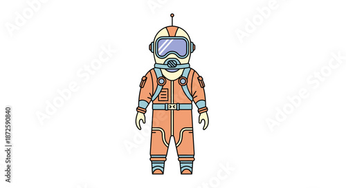 Astronaut in orange spacesuit stands ready for space exploration mission looking forward.