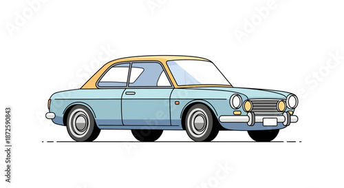 Classic vintage car with a light blue body and a yellow roof side view.