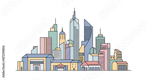 Cityscape illustration featuring various modern buildings and skyscrapers in a vibrant urban environment.