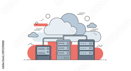 Cloud computing illustration depicting data servers and network infrastructure.