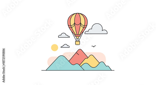 Colorful hot air balloon soaring above the mountain peaks with clouds and sun.