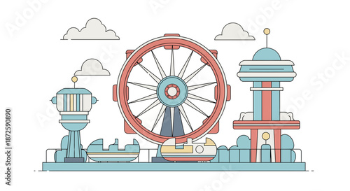 Colorful amusement park with Ferris wheel and other attractions vector illustration.