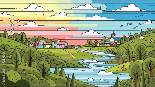 Vibrant cartoon landscape with rolling hills and a winding river.