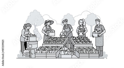 Farmers Market Scene People Displaying Fresh Produce for Sale.