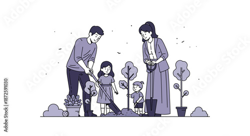 Family Gardening Together Planting Trees and Nurturing Growth in the Garden.