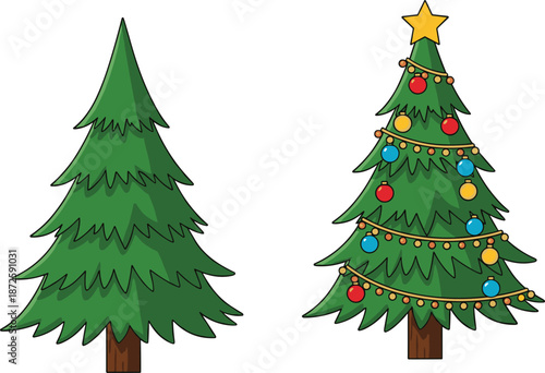 Christmas tree vector illustration set, plain evergreen and decorated holiday pine with ornaments lights star isolated on white background design