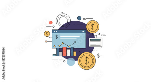 Financial analysis and business strategy concept with charts and coins.