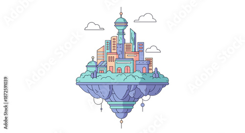 Floating city illustration showcasing architectural marvels and futuristic design elements.