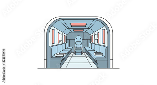 Futuristic interior of a train carriage with seating and windows illustration.