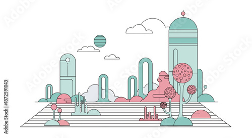 Futuristic city landscape with abstract architectural structures and stylized elements.