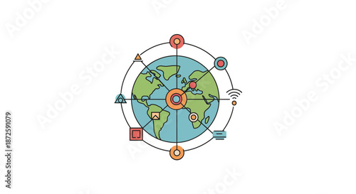 Global network connection concept with world map and various icons.