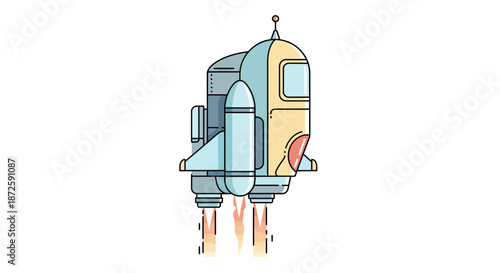 Illustration of a cartoon spaceship taking off into the vast expanse of space ready for exploration.