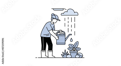 Gardener carefully waters plants with a watering can under the rain.