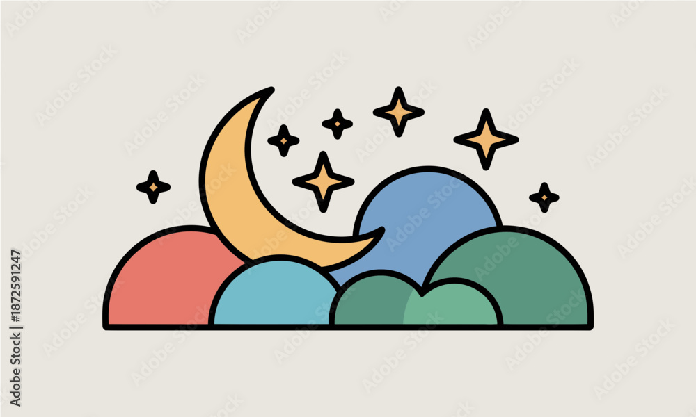 Naklejka premium Stylized illustration of a crescent moon stars and colorful clouds at night.
