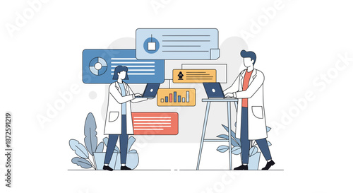 Scientists working together on research using computers and data analysis.