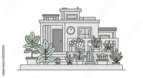 Urban Oasis A Detailed Illustration of a Modern Building with Lush Potted Plants.