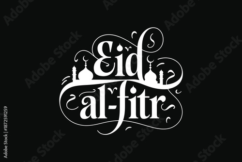 Celebrating eid al fitr with traditional islamic calligraphy and mosque silhouettes Vector illustration