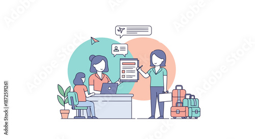 Travel agent assisting a customer with booking a vacation package at the desk.