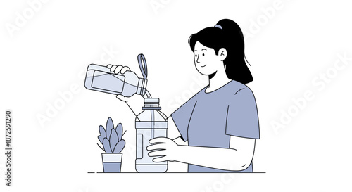 Woman carefully pouring liquid from a container into a larger bottle with focus.