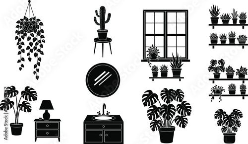 Collection of black silhouette indoor plant vector illustrations featuring monstera, cactus, snake plant, and succulents in various home interior settings, shelves, and windows.