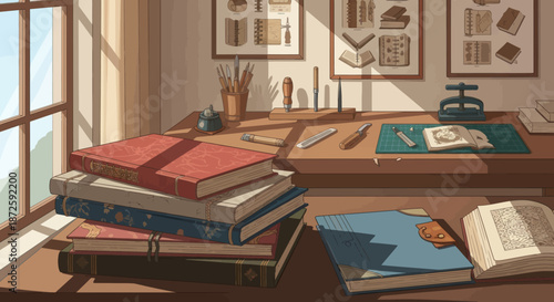 Vintage bookbinding workshop desk with stacked books and tools.