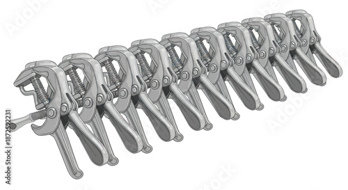 Row of metal spring clamps on a white background
