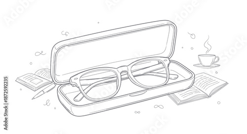 Sketch of reading glasses in a case with books and coffee.