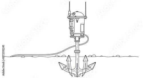 A futuristic anchor with a robotic top section is submerged.