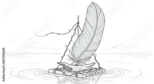 A single feather serves as a sail for a small raft on calm water.