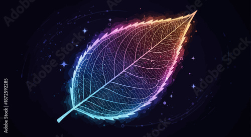 Abstract glowing leaf skeleton with colorful light on dark background