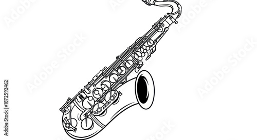 Black and white saxophone line art illustration.