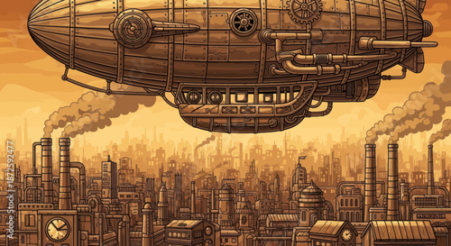 Steampunk airship flies over a detailed industrial city with a sepia-toned sky.