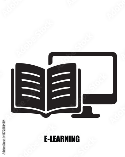 E-Learning Icon with Open Book and Computer Screen Silhouette