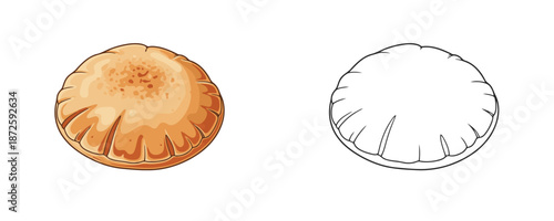 Fresh baked round pita bread in cartoon and outline styles warm golden brown colors representing middle eastern bakery product or flatbread isolated on white background