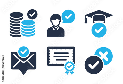 Professional Certification and Financial Validation icon set. Solid glyph series icons