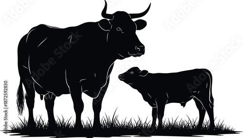 Cow and calf silhouette vector illustration, farm animal mother and baby bonding scene, livestock agriculture concept, rural countryside nature, black minimalist design