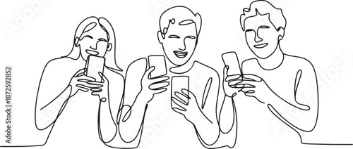 Continuous one line drawing Happy people showing mobile phone screens. Holding smartphone. one line Art icon drawing vector