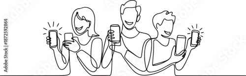 Continuous one line drawing Happy people showing mobile phone screens. Holding smartphone. one line Art icon drawing vector