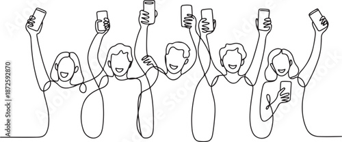 Continuous one line drawing Happy people showing mobile phone screens. Holding smartphone. one line Art icon drawing vector