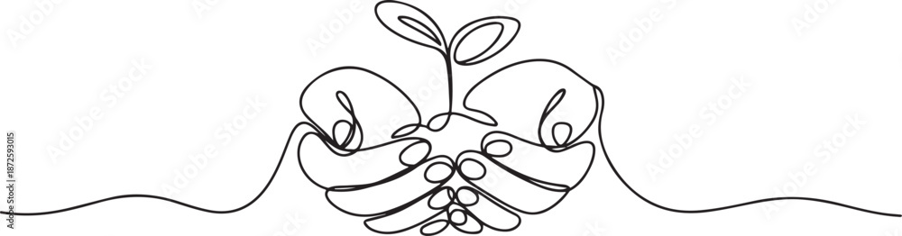 Fototapeta premium Continuous one line drawing hands hold plant together. World environment day concept. one line Art icon drawing vector