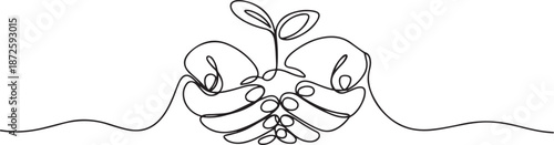 Continuous one line drawing hands hold plant together. World environment day concept. one line Art icon drawing vector