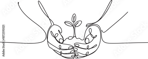 Continuous one line drawing hands hold plant together. World environment day concept. one line Art icon drawing vector