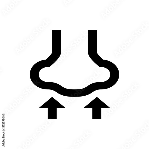 A minimalist vector graphic illustration of a nose with two arrows pointing upwards from the nostrils, symbolizing breathing or airflow.