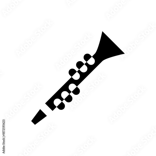 A minimalist black silhouette of a clarinet on a white background, perfect for music-related designs
