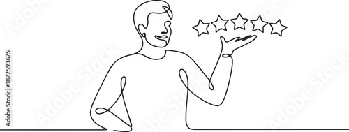 Continuous one line drawing confidence customer giving 5 stars rating. one line Art icon drawing vector