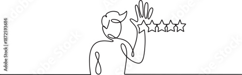 Continuous one line drawing confidence customer giving 5 stars rating. one line Art icon drawing vector